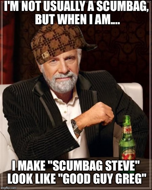 You Want "Original" Memes? HERE. Happy, Now? | I'M NOT USUALLY A SCUMBAG, BUT WHEN I AM.... I MAKE "SCUMBAG STEVE" LOOK LIKE "GOOD GUY GREG" | image tagged in memes,the most interesting man in the world,scumbag,good guy greg,scumbag steve | made w/ Imgflip meme maker