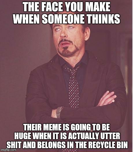 Face You Make Robert Downey Jr | THE FACE YOU MAKE WHEN SOMEONE THINKS THEIR MEME IS GOING TO BE HUGE WHEN IT IS ACTUALLY UTTER SHIT AND BELONGS IN THE RECYCLE BIN | image tagged in memes,face you make robert downey jr | made w/ Imgflip meme maker