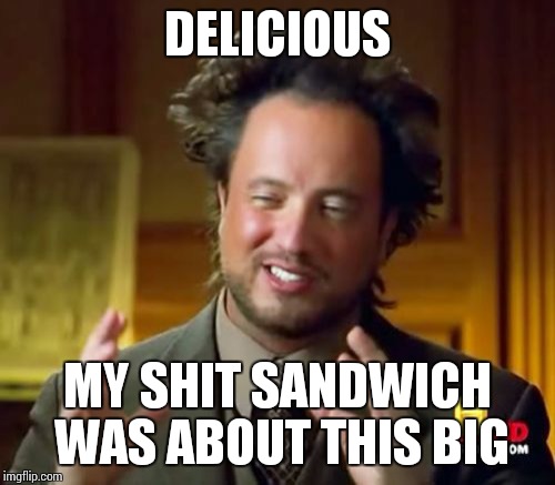 Ancient Aliens Meme | DELICIOUS MY SHIT SANDWICH WAS ABOUT THIS BIG | image tagged in memes,ancient aliens | made w/ Imgflip meme maker