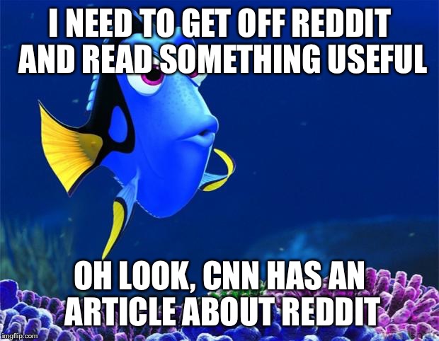 Dory | I NEED TO GET OFF REDDIT AND READ SOMETHING USEFUL OH LOOK, CNN HAS AN ARTICLE ABOUT REDDIT | image tagged in dory | made w/ Imgflip meme maker