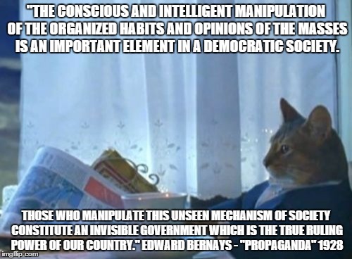 I Should Buy A Boat Cat Meme | "THE CONSCIOUS AND INTELLIGENT MANIPULATION OF THE ORGANIZED HABITS AND OPINIONS OF THE MASSES IS AN IMPORTANT ELEMENT IN A DEMOCRATIC SOCIE | image tagged in memes,i should buy a boat cat | made w/ Imgflip meme maker