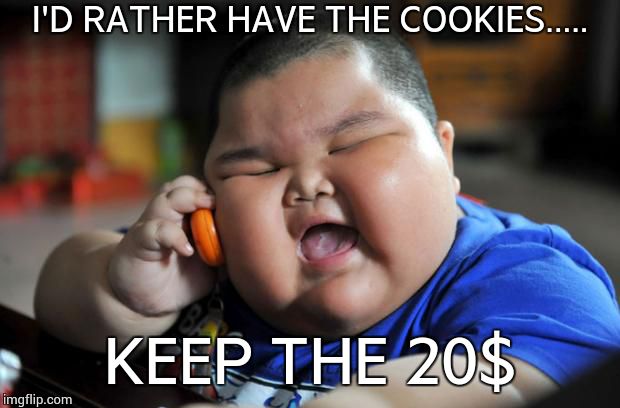 fat kid | I'D RATHER HAVE THE COOKIES..... KEEP THE 20$ | image tagged in fat kid | made w/ Imgflip meme maker