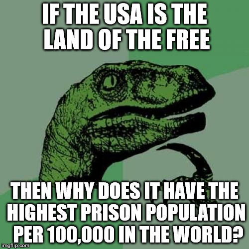 USA Prison pop | IF THE USA IS THE LAND OF THE FREE THEN WHY DOES IT HAVE THE HIGHEST PRISON POPULATION  PER 100,000 IN THE WORLD? | image tagged in memes,philosoraptor,usa,freedom,prison,america | made w/ Imgflip meme maker