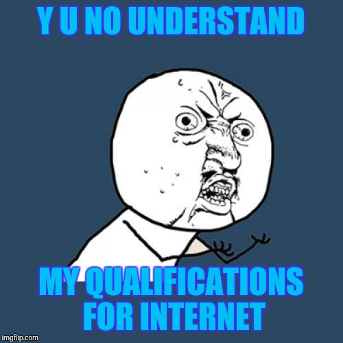 Y U No Meme | Y U NO UNDERSTAND MY QUALIFICATIONS FOR INTERNET | image tagged in memes,y u no | made w/ Imgflip meme maker