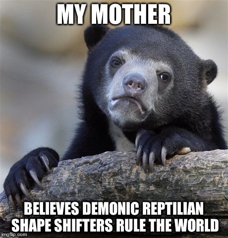 Confession Bear | MY MOTHER BELIEVES DEMONIC REPTILIAN SHAPE SHIFTERS RULE THE WORLD | image tagged in memes,confession bear | made w/ Imgflip meme maker