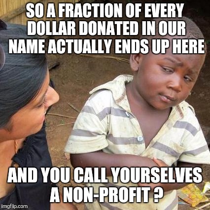 Third World Skeptical Kid | SO A FRACTION OF EVERY DOLLAR DONATED IN OUR NAME ACTUALLY ENDS UP HERE AND YOU CALL YOURSELVES A NON-PROFIT ? | image tagged in memes,third world skeptical kid | made w/ Imgflip meme maker