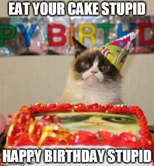 Grumpy Cat Birthday | EAT YOUR CAKE STUPID HAPPY BIRTHDAY STUPID | image tagged in memes,grumpy cat birthday | made w/ Imgflip meme maker