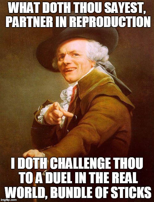 U w0t, m8? Fite me IRL, fgt! | WHAT DOTH THOU SAYEST, PARTNER IN REPRODUCTION I DOTH CHALLENGE THOU TO A DUEL IN THE REAL WORLD, BUNDLE OF STICKS | image tagged in archaic rap,u wot m8,fite me irl,fgt | made w/ Imgflip meme maker