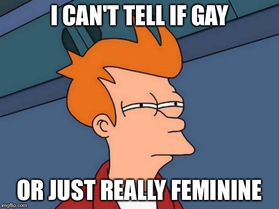 Futurama Fry Meme | I CAN'T TELL IF GAY OR JUST REALLY FEMININE | image tagged in memes,futurama fry | made w/ Imgflip meme maker