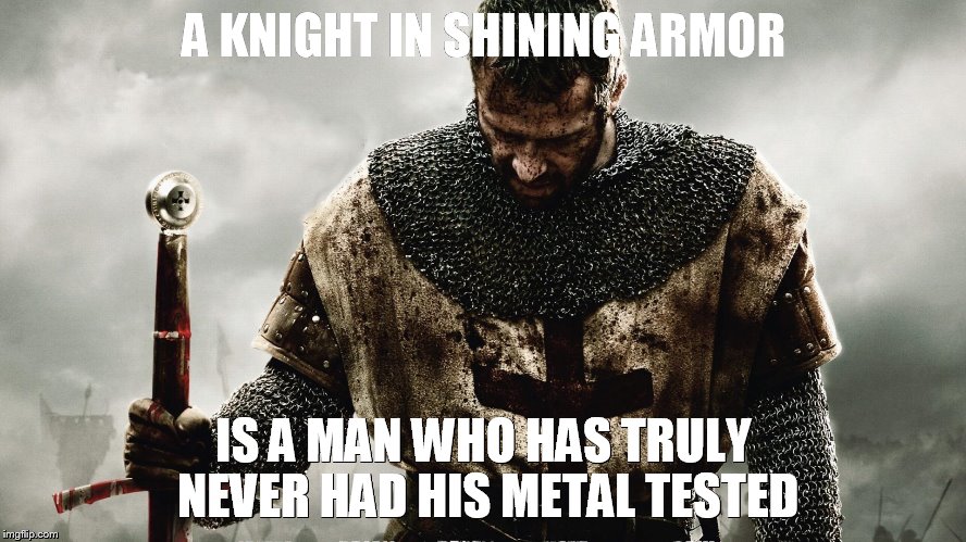 crusader | A KNIGHT IN SHINING ARMOR IS A MAN WHO HAS TRULY NEVER HAD HIS METAL TESTED | image tagged in knight | made w/ Imgflip meme maker