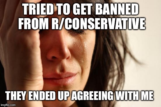 First World Problems Meme | TRIED TO GET BANNED FROM R/CONSERVATIVE THEY ENDED UP AGREEING WITH ME | image tagged in memes,first world problems,AdviceAnimals | made w/ Imgflip meme maker