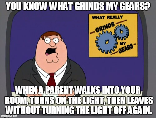 I'm trying to immerse myself in the world of video games, please don't leave the light on. | YOU KNOW WHAT GRINDS MY GEARS? WHEN A PARENT WALKS INTO YOUR ROOM, TURNS ON THE LIGHT, THEN LEAVES WITHOUT TURNING THE LIGHT OFF AGAIN. | image tagged in memes,peter griffin news | made w/ Imgflip meme maker