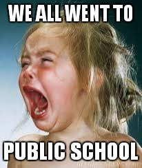 Crying Baby | WE ALL WENT TO PUBLIC SCHOOL | image tagged in crying baby | made w/ Imgflip meme maker
