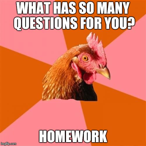 Anti Joke Chicken | WHAT HAS SO MANY QUESTIONS FOR YOU? HOMEWORK | image tagged in memes,anti joke chicken | made w/ Imgflip meme maker