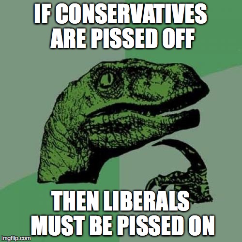 Philosoraptor Meme | IF CONSERVATIVES ARE PISSED OFF THEN LIBERALS MUST BE PISSED ON | image tagged in memes,philosoraptor | made w/ Imgflip meme maker