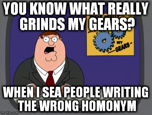 Peter Griffin News (1) | YOU KNOW WHAT REALLY GRINDS MY GEARS? WHEN I SEA PEOPLE WRITING THE WRONG HOMONYM | image tagged in memes,peter griffin news,grinds my gears,you know what really grinds my gears,sea | made w/ Imgflip meme maker