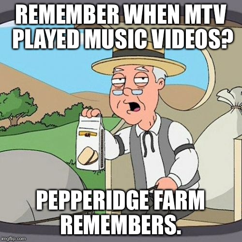 Sigh.   | REMEMBER WHEN MTV PLAYED MUSIC VIDEOS? PEPPERIDGE FARM REMEMBERS. | image tagged in memes,pepperidge farm remembers,music,mtv | made w/ Imgflip meme maker