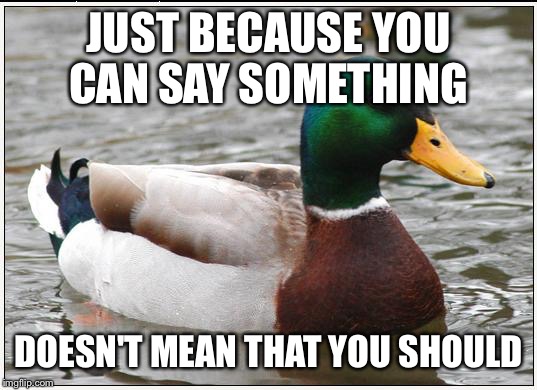 Actual Advice Mallard Meme | JUST BECAUSE YOU CAN SAY SOMETHING DOESN'T MEAN THAT YOU SHOULD | image tagged in memes,actual advice mallard,AdviceAnimals | made w/ Imgflip meme maker