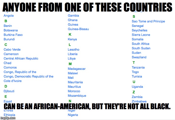 ANYONE FROM ONE OF THESE COUNTRIES CAN BE AN AFRICAN-AMERICAN, BUT THEY'RE NOT ALL BLACK. | made w/ Imgflip meme maker