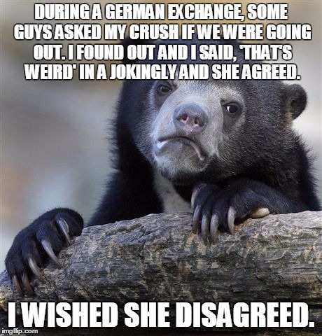 Confession Bear | DURING A GERMAN EXCHANGE, SOME GUYS ASKED MY CRUSH IF WE WERE GOING OUT. I FOUND OUT AND I SAID, 'THAT'S WEIRD' IN A JOKINGLY AND SHE AGREED | image tagged in memes,confession bear | made w/ Imgflip meme maker