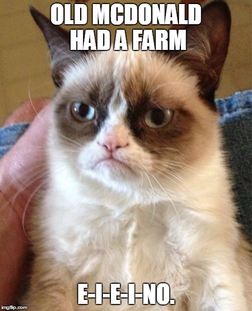 Grumpy Cat | OLD MCDONALD HAD A FARM E-I-E-I-NO. | image tagged in memes,grumpy cat | made w/ Imgflip meme maker