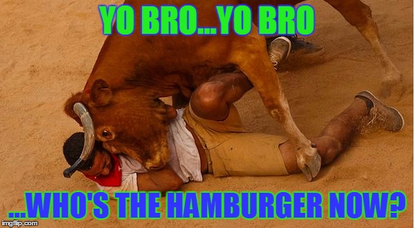 YO BRO...YO BRO ...WHO'S THE HAMBURGER NOW? | image tagged in the bull | made w/ Imgflip meme maker
