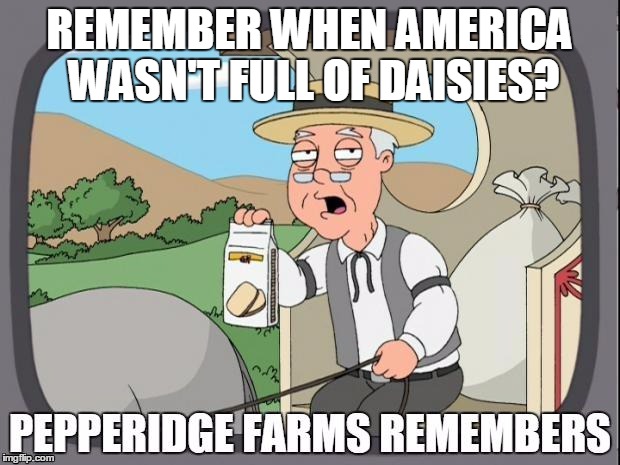 PEPPERIDGE FARMS REMEMBERS | REMEMBER WHEN AMERICA WASN'T FULL OF DAISIES? | image tagged in pepperidge farms remembers | made w/ Imgflip meme maker