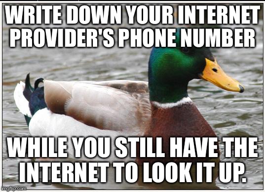 Actual Advice Mallard Meme | WRITE DOWN YOUR INTERNET PROVIDER'S PHONE NUMBER WHILE YOU STILL HAVE THE INTERNET TO LOOK IT UP. | image tagged in memes,actual advice mallard | made w/ Imgflip meme maker