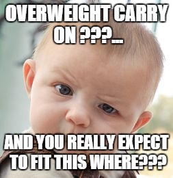 Skeptical Baby Meme | OVERWEIGHT CARRY ON ???... AND YOU REALLY EXPECT TO FIT THIS WHERE??? | image tagged in memes,skeptical baby | made w/ Imgflip meme maker