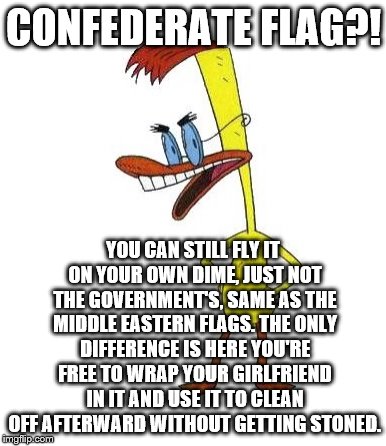 Duckman Ranting | CONFEDERATE FLAG?! YOU CAN STILL FLY IT ON YOUR OWN DIME, JUST NOT THE GOVERNMENT'S, SAME AS THE MIDDLE EASTERN FLAGS. THE ONLY DIFFERENCE I | image tagged in duckman ranting | made w/ Imgflip meme maker