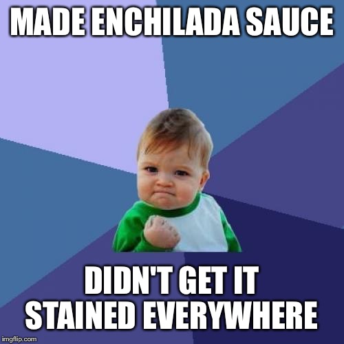 Success Kid Meme | MADE ENCHILADA SAUCE DIDN'T GET IT STAINED EVERYWHERE | image tagged in memes,success kid | made w/ Imgflip meme maker