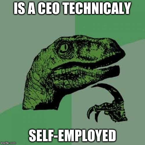 Philosoraptor | IS A CEO TECHNICALY SELF-EMPLOYED | image tagged in memes,philosoraptor | made w/ Imgflip meme maker
