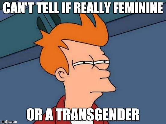 Futurama Fry Meme | CAN'T TELL IF REALLY FEMININE OR A TRANSGENDER | image tagged in memes,futurama fry | made w/ Imgflip meme maker