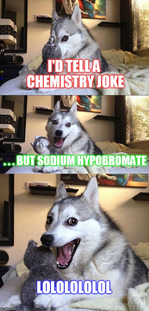 Bad Pun Dog | I'D TELL A CHEMISTRY JOKE . . . BUT SODIUM HYPOBROMATE LOLOLOLOLOL | image tagged in memes,bad pun dog | made w/ Imgflip meme maker