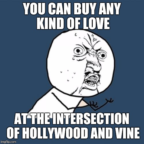 Y U No Meme | YOU CAN BUY ANY KIND OF LOVE AT THE INTERSECTION OF HOLLYWOOD AND VINE | image tagged in memes,y u no | made w/ Imgflip meme maker