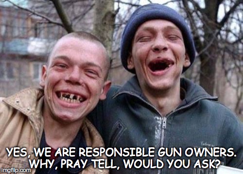 Ugly Twins | YES, WE ARE RESPONSIBLE GUN OWNERS.  WHY, PRAY TELL, WOULD YOU ASK? | image tagged in memes,ugly twins | made w/ Imgflip meme maker