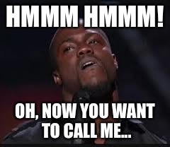 Kevin Hart | HMMM HMMM! OH, NOW YOU WANT TO CALL ME... | image tagged in kevin hart | made w/ Imgflip meme maker