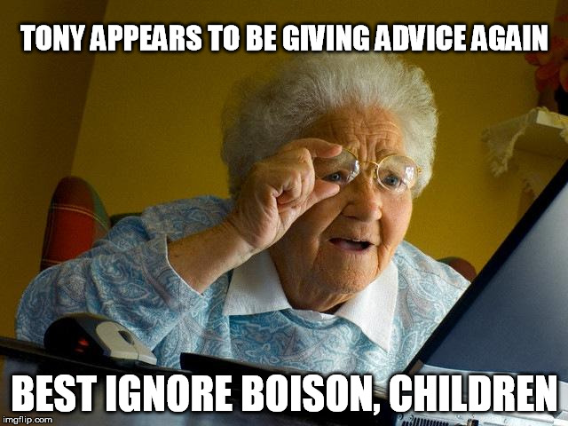 Grandma Finds The Internet Meme | TONY APPEARS TO BE GIVING ADVICE AGAIN BEST IGNORE BOISON, CHILDREN | image tagged in memes,grandma finds the internet | made w/ Imgflip meme maker