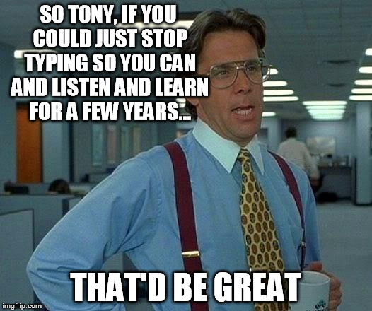 That Would Be Great Meme | SO TONY, IF YOU COULD JUST STOP TYPING SO YOU CAN AND LISTEN AND LEARN FOR A FEW YEARS... THAT'D BE GREAT | image tagged in memes,that would be great | made w/ Imgflip meme maker