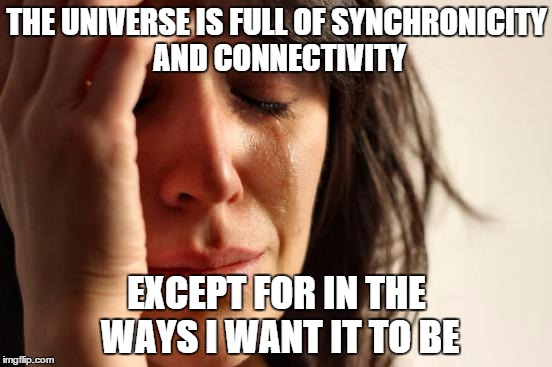 First World Problems Meme | THE UNIVERSE IS FULL OF SYNCHRONICITY AND CONNECTIVITY EXCEPT FOR IN THE WAYS I WANT IT TO BE | image tagged in memes,first world problems | made w/ Imgflip meme maker