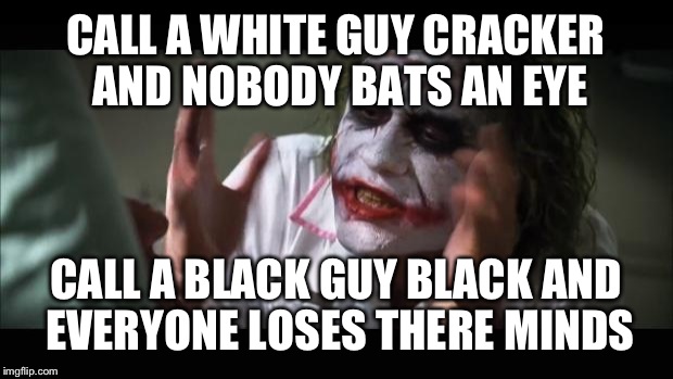 And everybody loses their minds | CALL A WHITE GUY CRACKER AND NOBODY BATS AN EYE CALL A BLACK GUY BLACK AND EVERYONE LOSES THERE MINDS | image tagged in memes,and everybody loses their minds | made w/ Imgflip meme maker