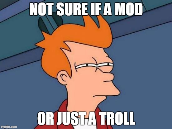 Futurama Fry | NOT SURE IF A MOD OR JUST A TROLL | image tagged in memes,futurama fry | made w/ Imgflip meme maker