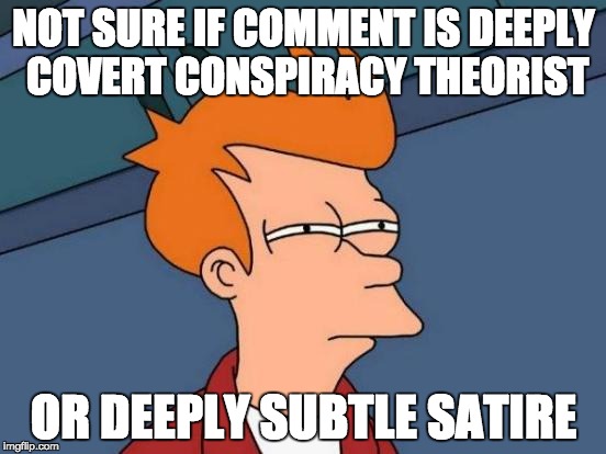 Futurama Fry | NOT SURE IF COMMENT IS DEEPLY COVERT CONSPIRACY THEORIST OR DEEPLY SUBTLE SATIRE | image tagged in memes,futurama fry | made w/ Imgflip meme maker