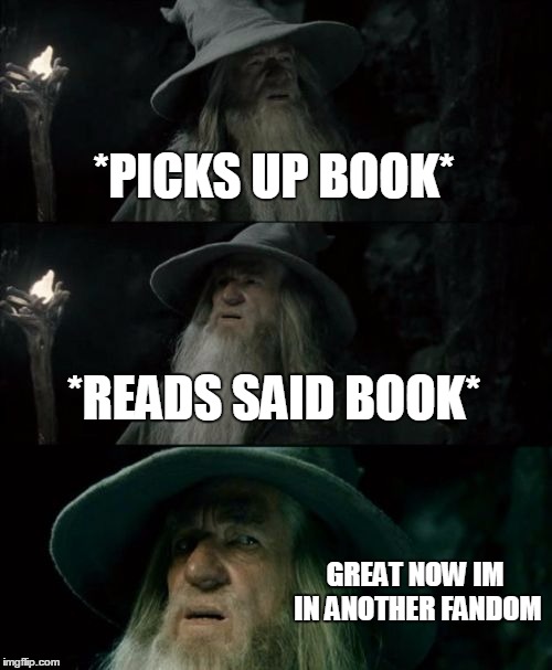 Confused Gandalf | *PICKS UP BOOK* *READS SAID BOOK* GREAT NOW IM IN ANOTHER FANDOM | image tagged in memes,confused gandalf | made w/ Imgflip meme maker