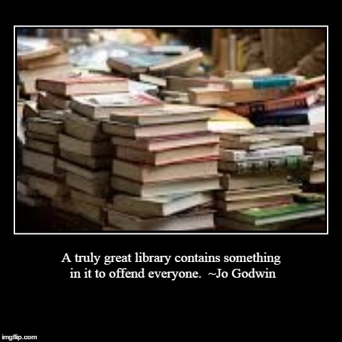 A truly great library contains something in it to offend everyone.  ~Jo Godwin | | image tagged in funny,demotivationals | made w/ Imgflip demotivational maker