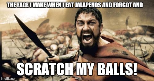 Sparta Leonidas Meme | THE FACE I MAKE WHEN I EAT JALAPENOS AND FORGOT AND SCRATCH MY BALLS! | image tagged in memes,sparta leonidas | made w/ Imgflip meme maker