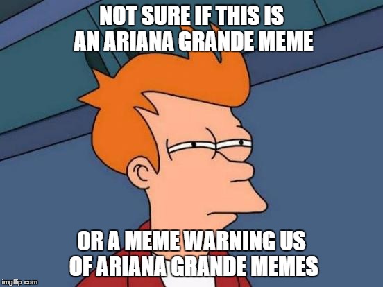 Futurama Fry Meme | NOT SURE IF THIS IS AN ARIANA GRANDE MEME OR A MEME WARNING US OF ARIANA GRANDE MEMES | image tagged in memes,futurama fry | made w/ Imgflip meme maker
