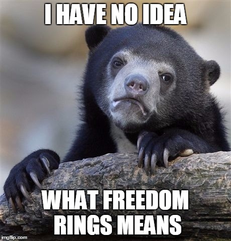 Confession Bear Meme | I HAVE NO IDEA WHAT FREEDOM RINGS MEANS | image tagged in memes,confession bear | made w/ Imgflip meme maker