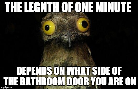Weird Stuff I Do Potoo | THE LEGNTH OF ONE MINUTE DEPENDS ON WHAT SIDE OF THE BATHROOM DOOR YOU ARE ON | image tagged in memes,weird stuff i do potoo | made w/ Imgflip meme maker