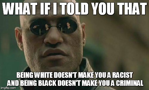 Matrix Morpheus | WHAT IF I TOLD YOU THAT BEING WHITE DOESN'T MAKE YOU A RACIST AND BEING BLACK DOESN'T MAKE YOU A CRIMINAL | image tagged in memes,matrix morpheus | made w/ Imgflip meme maker